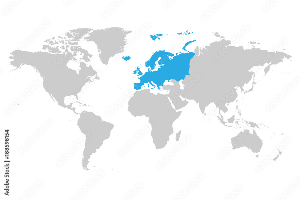 Europe continent blue marked in grey silhouette of World map. Simple flat vector illustration.