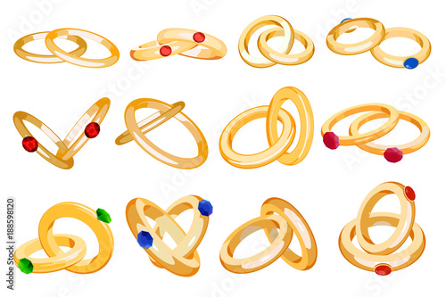 Wedding rings vector set engagement symbol gold silver jewellery for proposal marriage wed sign marry me lettering illustration isolated on white background