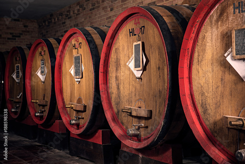 Interior of italian winery with oak barrel for aging wine photo
