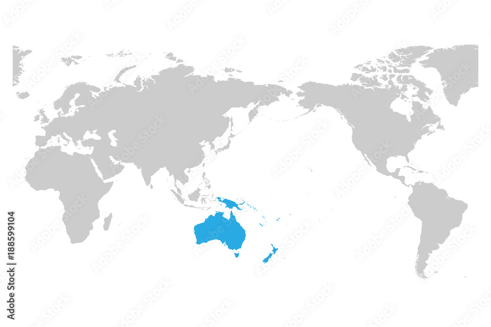 Austtralia and Oceania continent blue marked in grey silhouette of World map. Simple flat vector illustration.