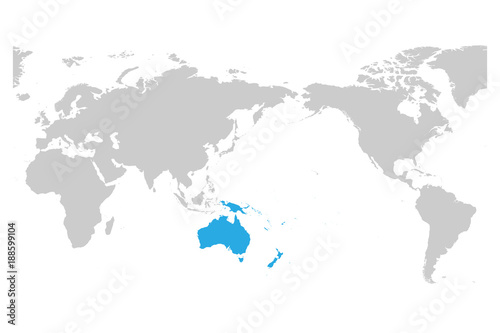 Austtralia and Oceania continent blue marked in grey silhouette of World map. Simple flat vector illustration.