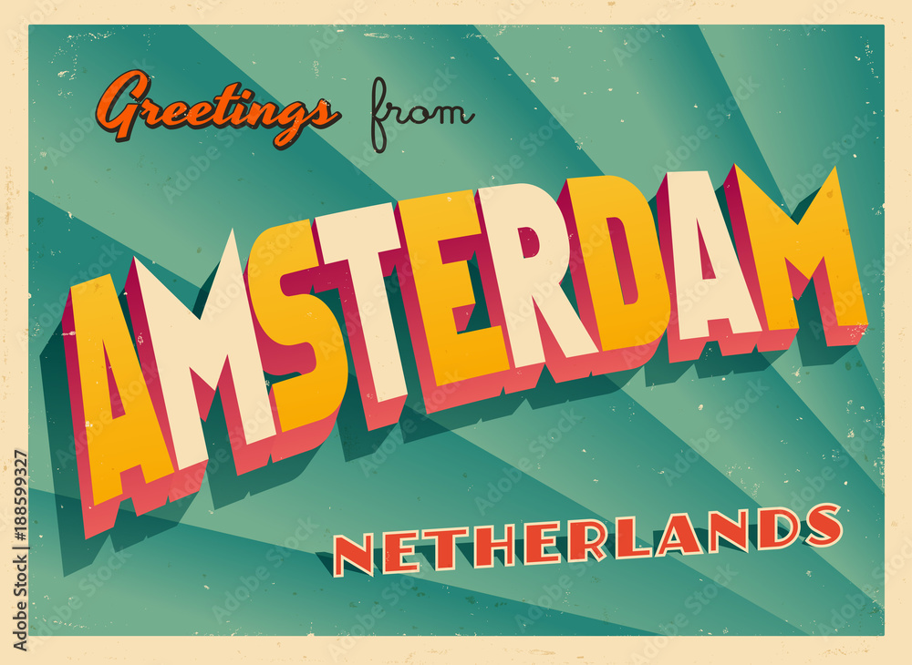 Naklejka premium Vintage Turystyczny Greeting Card - Amsterdam, Holandia - wektor Eps10. Efekty grunge można łatwo usunąć, aby uzyskać zupełnie nowy, czysty znak.