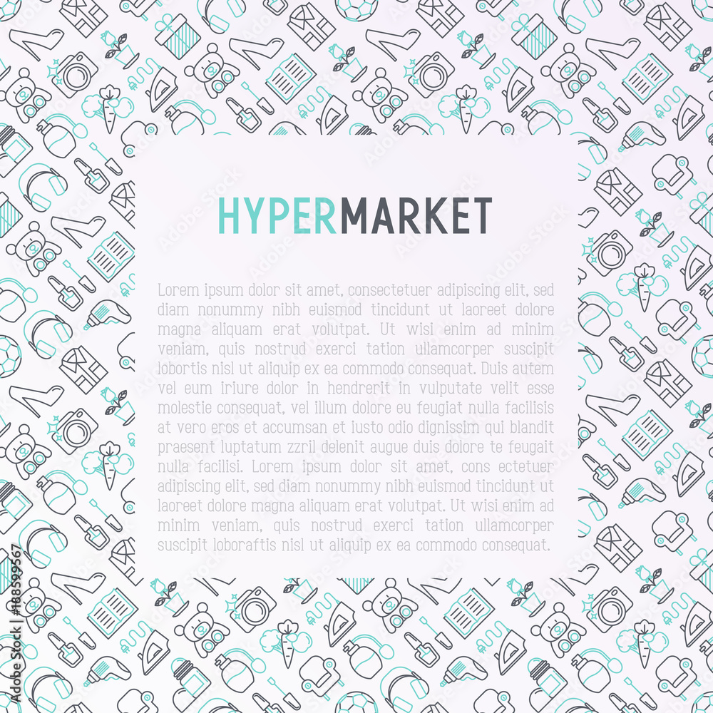 Hypermarket concept with thin line icons set: apparel, sport equipment, electronics, perfumery, cosmetics, toys, food, appliances. Modern vector illustration for print media, web page template.