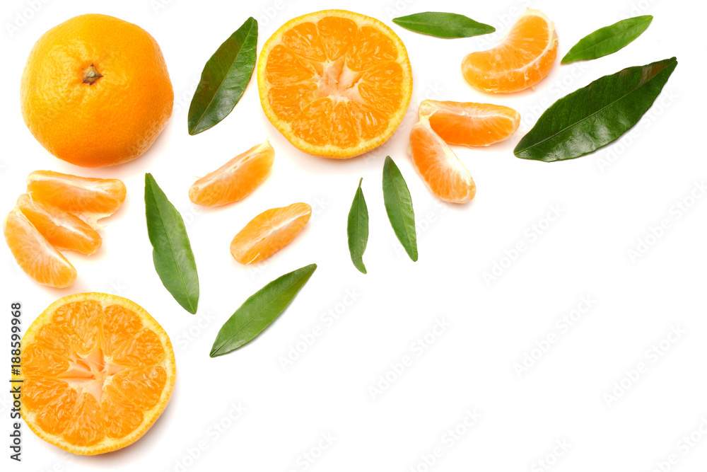mandarin with slices and green leaf isolated on white background top view mandarin with slices and green leaf isolated on white background top view