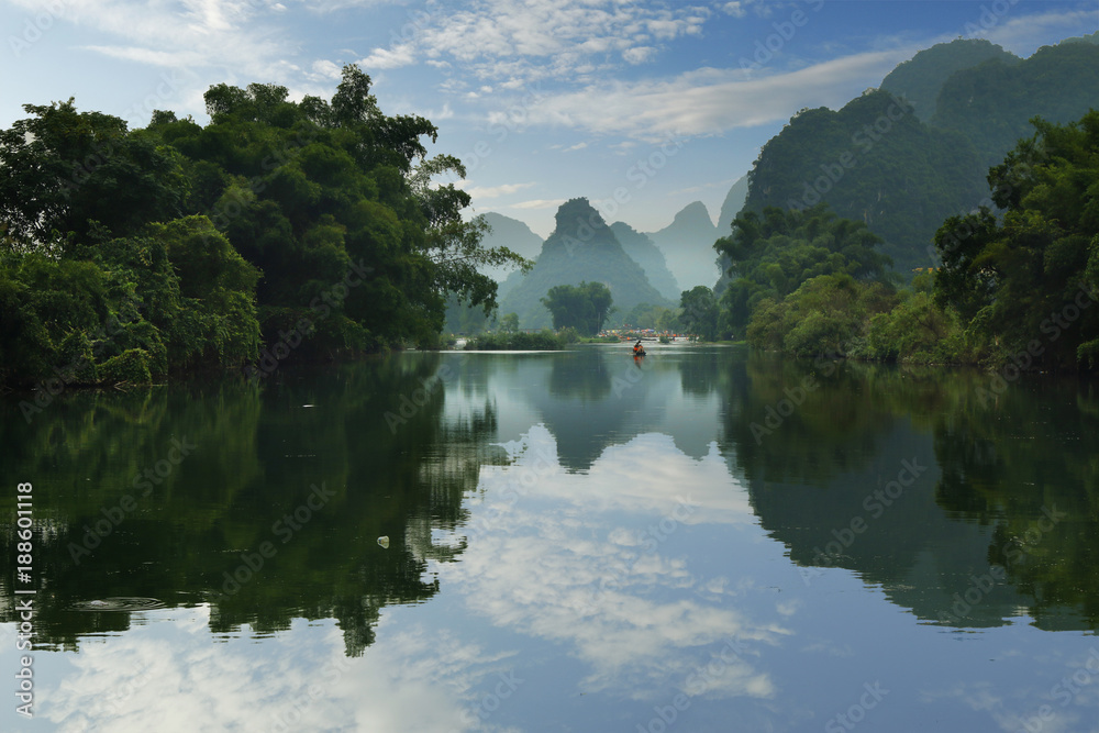 view of li river with bamboo raft, at Yangshuo ,china