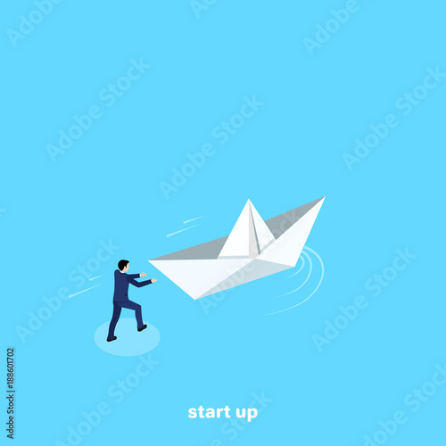 a man in a business suit launches a paper boat, an isometric image