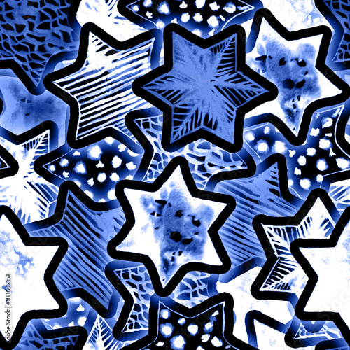 Festive Magic Seamless Pattern with Neon Watercolor Stars. Lighting Christmas Tree Garland Background. New Year Flashlights. Hand drawn star print for wrapping, textile, wallpaper, cards, books.