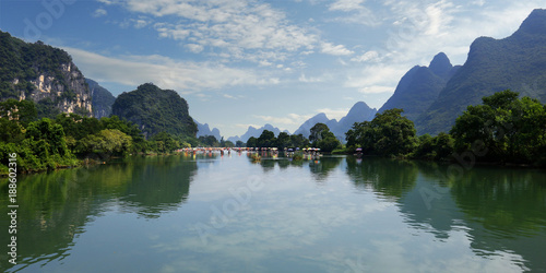 view of li river with bamboo raft  at Yangshuo  china