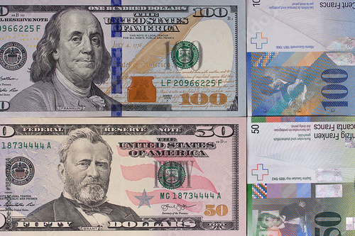 100 dollar 50 swiss franc money background.