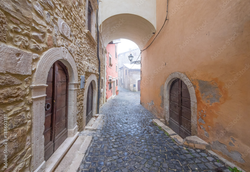 Tagliacozzo (Italy) - A small pretty village in the province of L'Aquila, in the mountain region of Abruzzo, often covered in snow during the winter. Here the historic center.