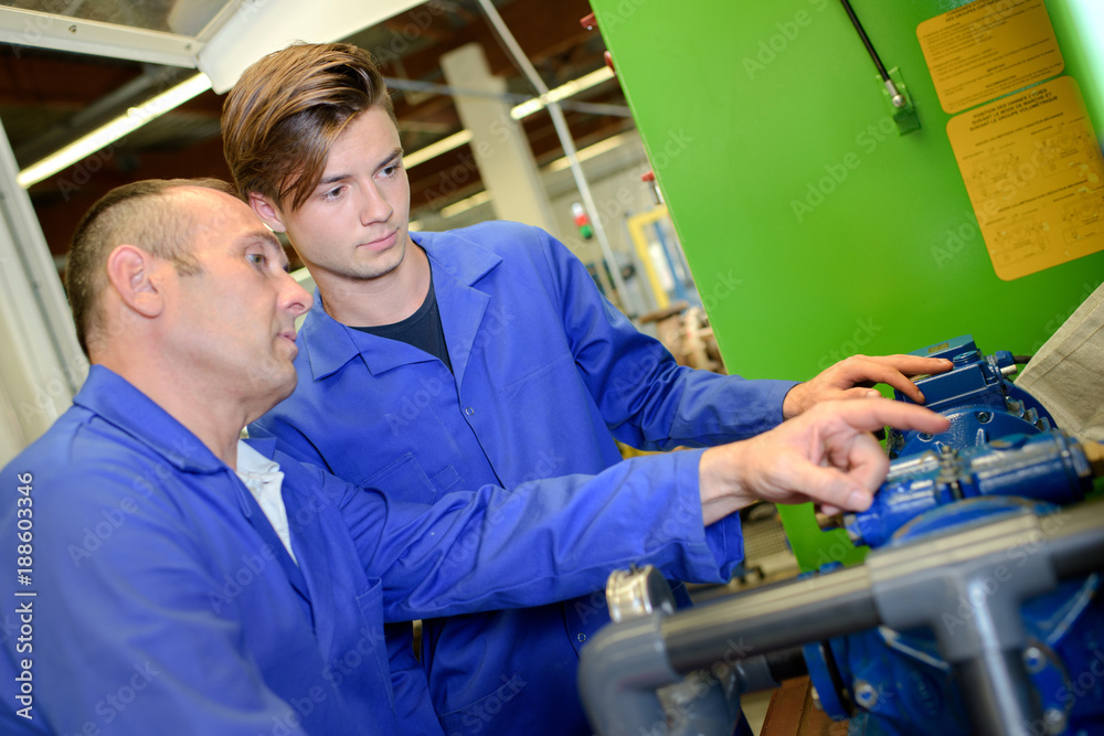 Technician explaining machinery to trainee
