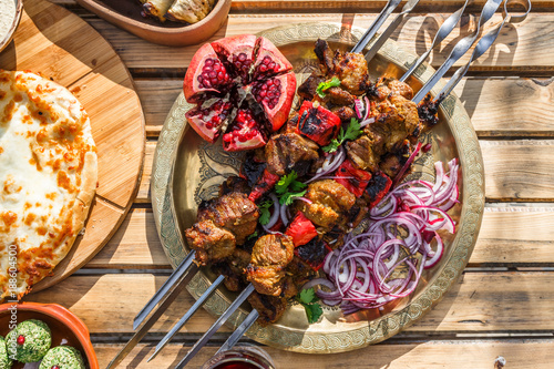 Shish kebab or shashlik, grilled meat skewers, traditional georgian dish, top view