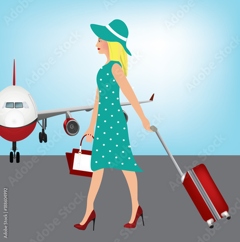 Elegant woman carrying a suitcase, vector