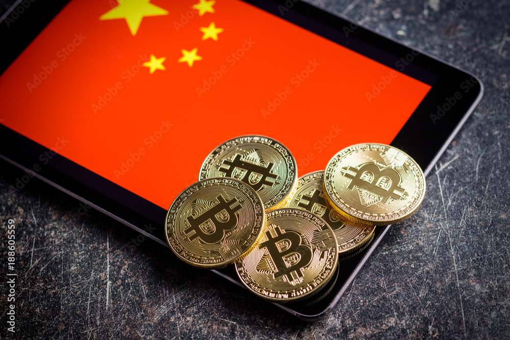 Golden bitcoins and chinese flag.