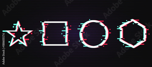 Set of Frames with glitch effect. Modern glitch shapes on dark background. Star, square, circle, rhombus. Design elements for poster, flyer, brochures, business cards. Vector illustration.