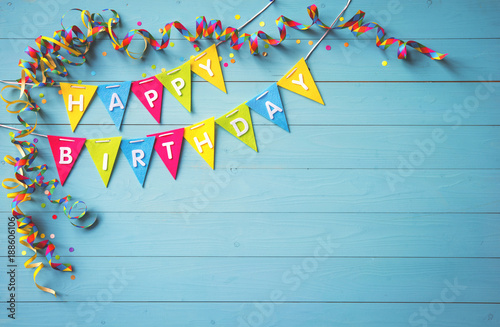 Happy birthday party background with text and colorful tools