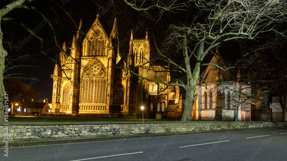 Night View over Lincoln Cathedral C, East Facade and Chapter House, Street View