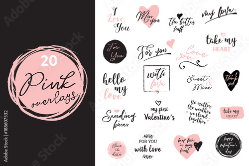 set of black, white and pink love lettering, for valentines day design poster, greeting card, photo album, banner, calligraphy vector illustration collection