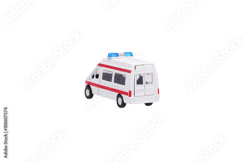 The toy car is an ambulance. Back view.