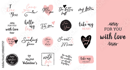 set of black, white and pink love lettering, for valentines day design poster, greeting card, photo album, banner, calligraphy vector illustration collection