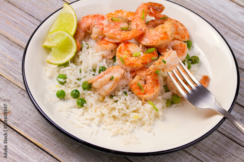 Shrimps with rice and peas. horizontal Shrimps with rice and peas. horizontal
