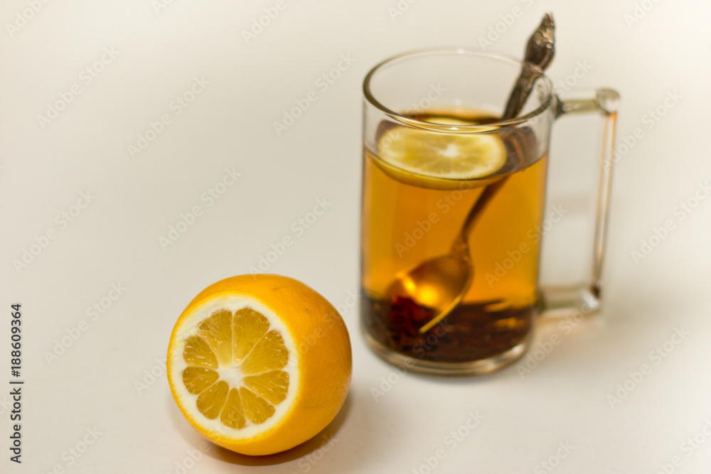 Cup of black tea with lemon.