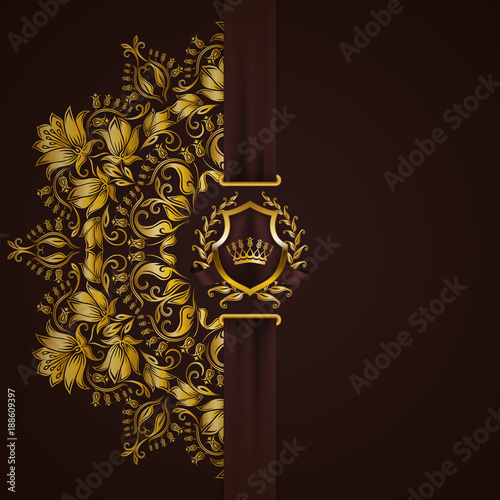 Royal background with ornament, shield, gold crown, ribbon, blazon, place for text in vintage style. Floral filigree elements, ornate for luxury gift card, menu, page, web design. Vector illustration