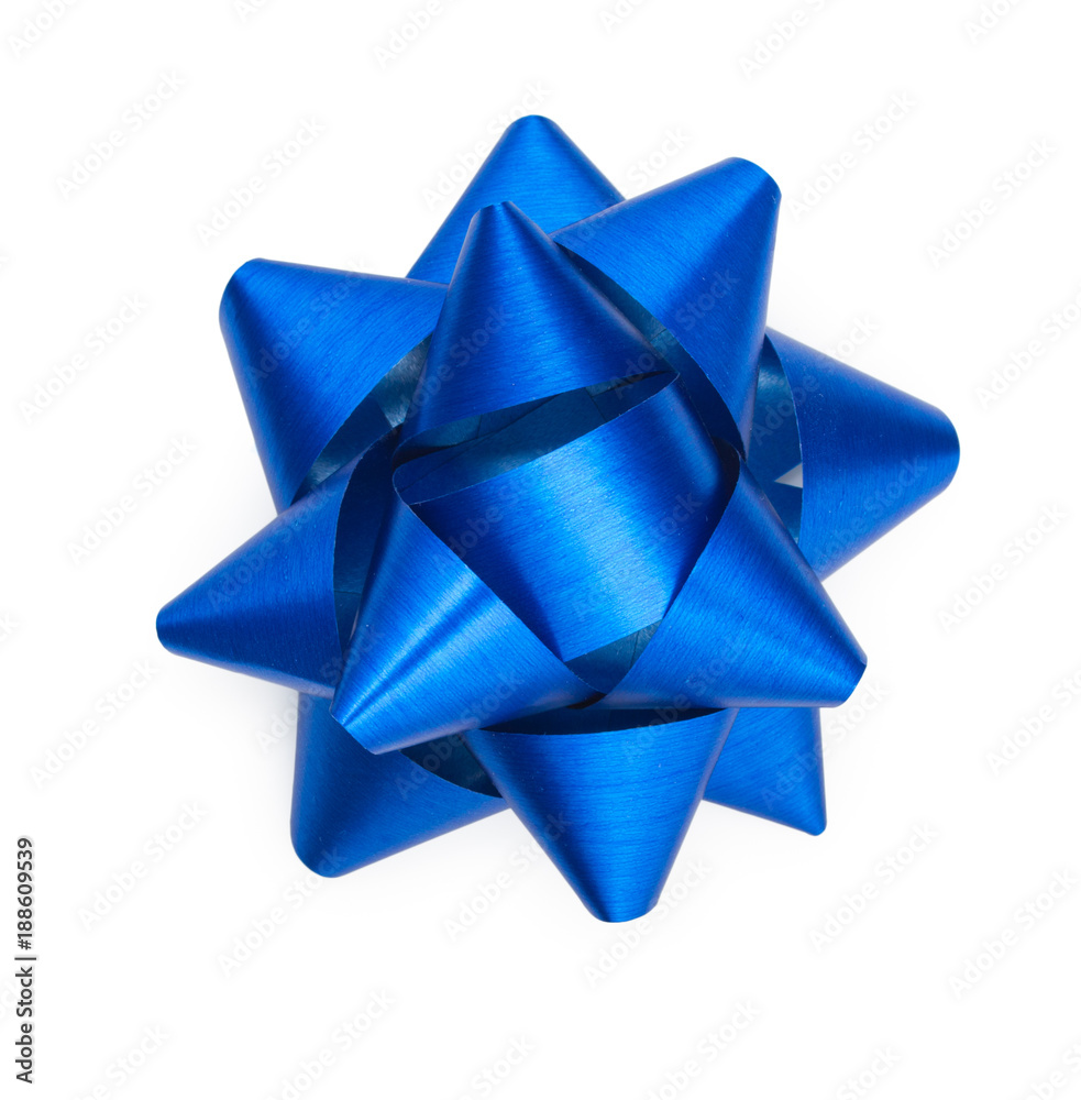 Blue ribbon bow isolated on a white background. Top view. Blue ribbon bow isolated on a white background. Top view.