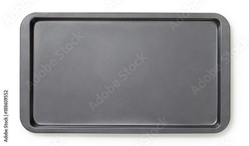 Narrow baking tray with non-stick coating, top view, close-up.
