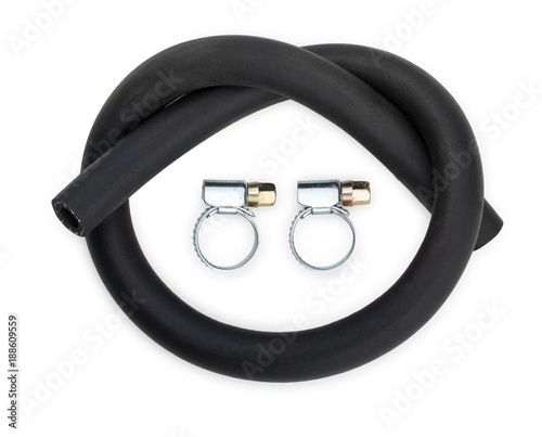 Hose and pair of clamps isolated on a white background. Shot as a nice smile face.  Conceptual photo. photo