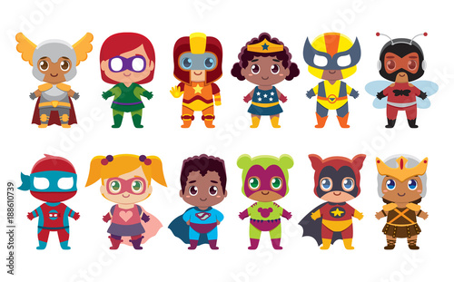 Vector cute kawaii set superheros colorful isolated