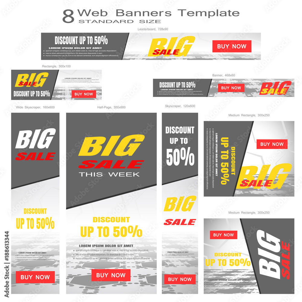 Vector set of web banners for Big Sale of standard sizes on the gray hexagon background with perspective.