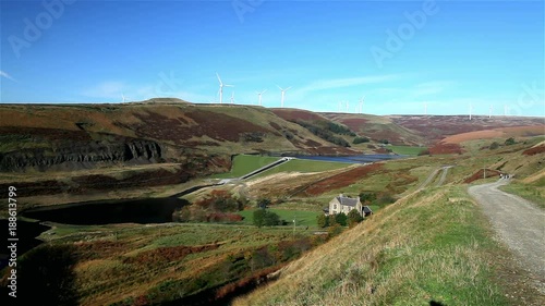 Wind Turbines On Moor & Dam; Naden Lower Reservoir; Reservoirs, Wolstenholme, Lancashire photo