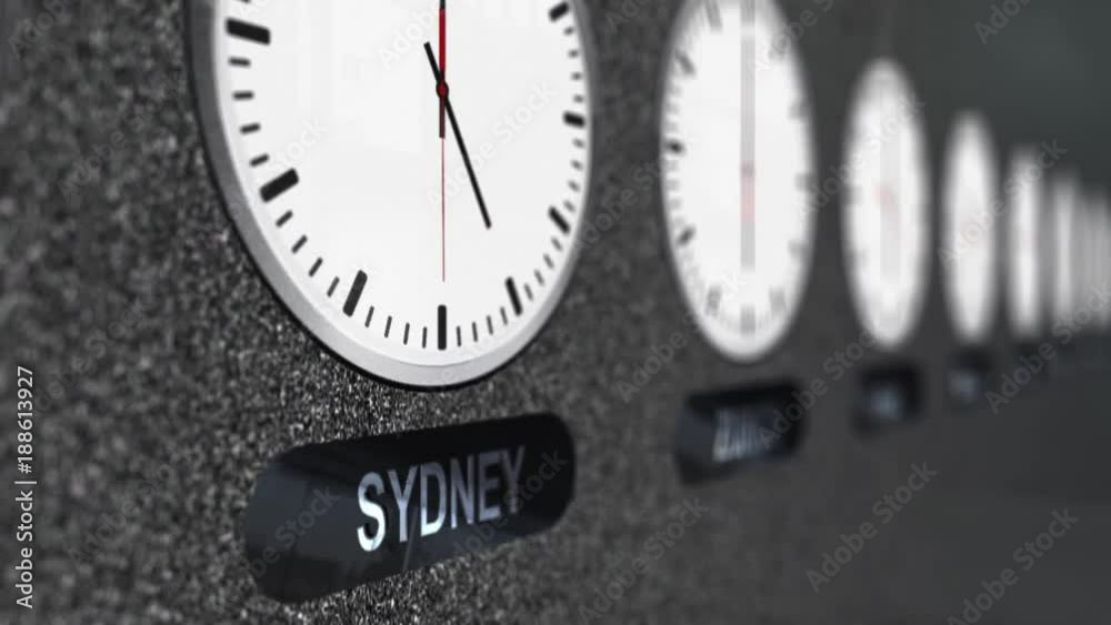 Accurate Clocks with Different Time Zones All Around the World Stock