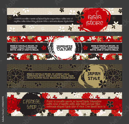 Japanese Banner Templates Set. Asian Culture Squama and Sakura Blossom Patterns. Vector Horizontal Banners, Website Headers Design With Inked Circles. Use for Japan Restaurant Menu, Wedding Cards