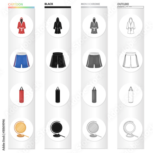 A boxing robe and panties, a training punching bag, a gong. Boxing set collection icons in cartoon black monochrome outline style vector symbol stock illustration web.