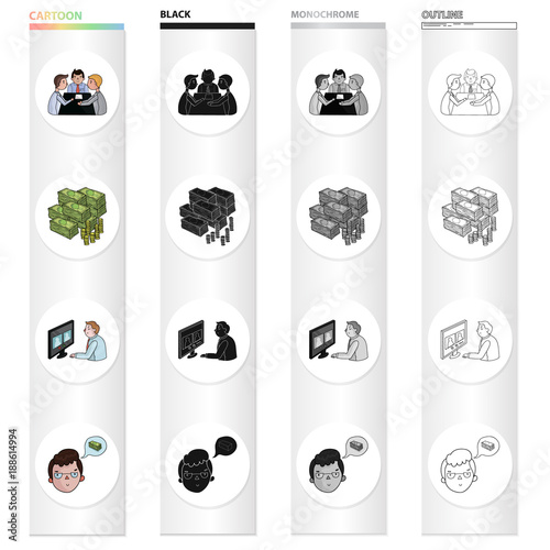 Discussion of businessmen, money, videoconference, business idea. Business conference set collection icons in cartoon black monochrome outline style vector symbol stock illustration web.