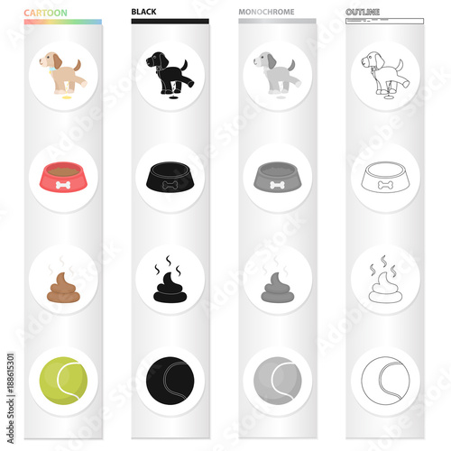 A puppy to urinate, a bowl with food, a pile of feces, a toy ball. The puppy set collection icons in cartoon black monochrome outline style vector symbol stock illustration web.