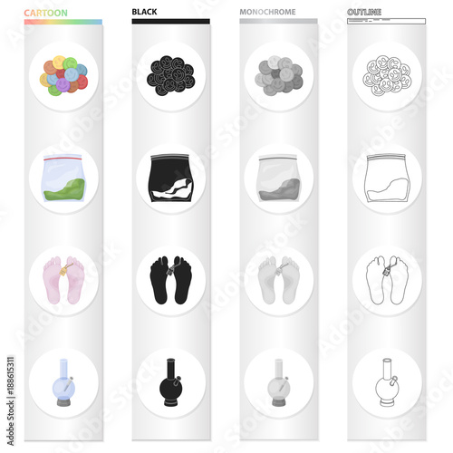 Ecstasy pills, a drug in the package, legs with a tag, a smoking device, a bong. Drugs set collection icons in cartoon black monochrome outline style vector symbol stock illustration web.