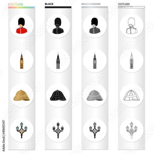 The Royal Guardsman, the Big Ben Tower, the English cork hat, the street lamp. England set collection icons in cartoon black monochrome outline style vector symbol stock illustration web.