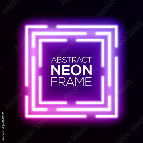 Gradient pink violet neon light abstract squares. Shining techno square frame. Night club electric luminous 3d box design on dark backdrop. Neon background with glow. Technology vector illustration.