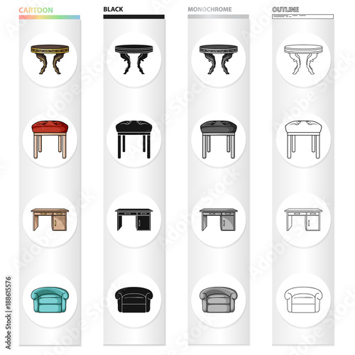 A dining table, a stool, an interior, a desk, an armchair. Furniture and home interiors set collection icons in cartoon black monochrome outline style vector symbol stock illustration web.