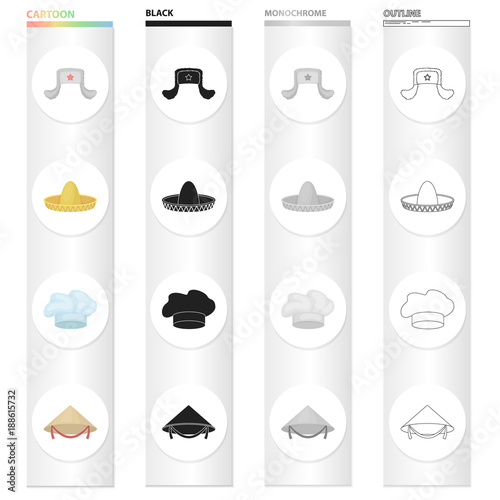 Sombrero, the cap of a cook, a Chinese cone , a fur hat.Hats set collection icons in cartoon black monochrome outline style vector symbol stock illustration web.