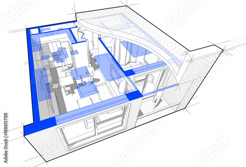 Perspective cutaway diagram of a one bedroom apartment completely furnished with flat roof cutaway over it and with schematic floorplan above