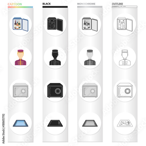Mini-bar, hotel staff, safe in the room, swimming pool. Hotel set collection icons in cartoon black monochrome outline style vector symbol stock illustration web.