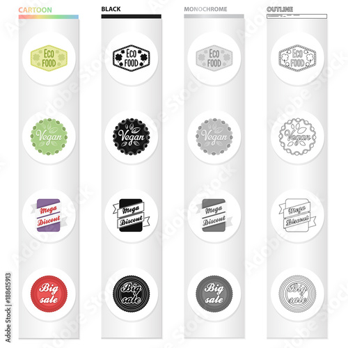 Different types of labels, vegan, mega discount, sale. Label set collection icons in cartoon black monochrome outline style vector symbol stock illustration web.