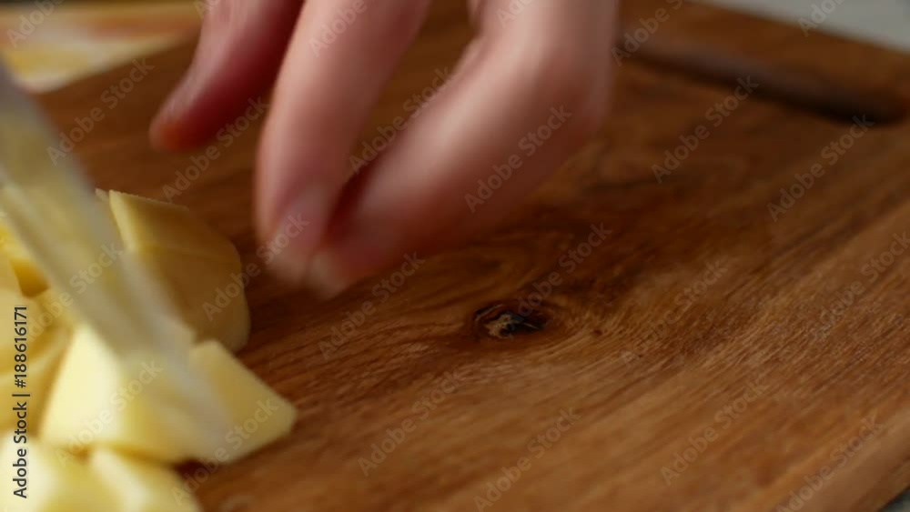 potato cutting, home cooking close-up