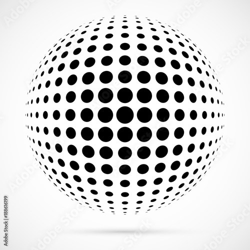 White 3D vector halftone sphere.Dotted spherical background.Logo template wit...