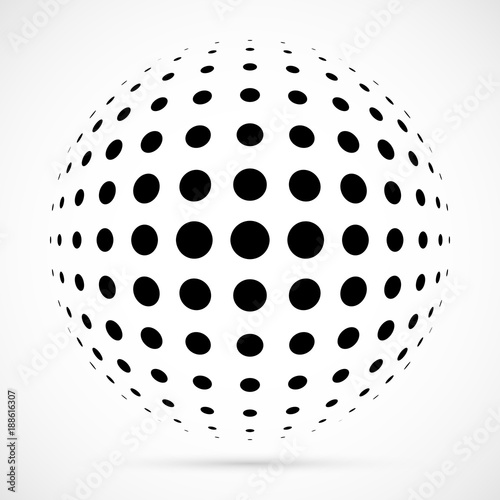 White 3D vector halftone sphere.Dotted spherical background.Logo template wit...