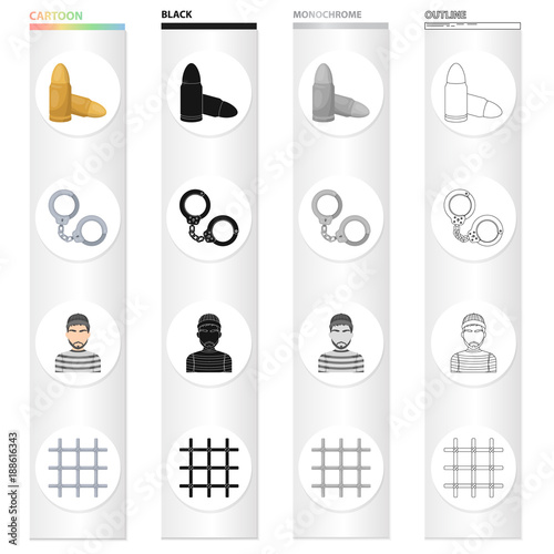 Prison and the criminal cartoon black monochrome outline icons in set collection for design.Prison and Attributes vector symbol stock web illustration.